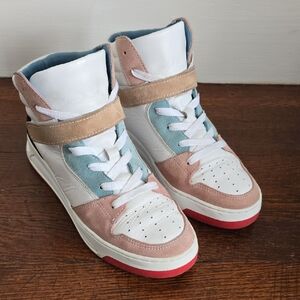 Boden White and Pink High-Top Sneakers Womens Size 39 Leather And Suede